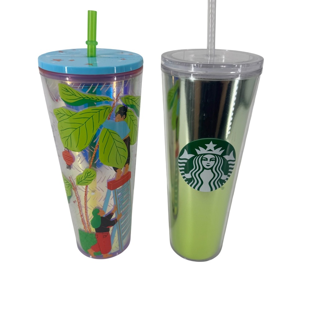 Starbucks Collectable Set of 2 Tumblers Metallic Green Double Wall Insulated.